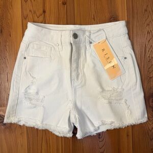 Risen Jeans White Cloud Dancer Fray Raw Hem Denim Shorts Stretch size Medium NWT